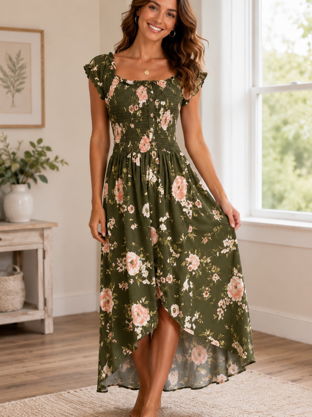 High-Low Smocked Dress features a romantic, cottagecore d5